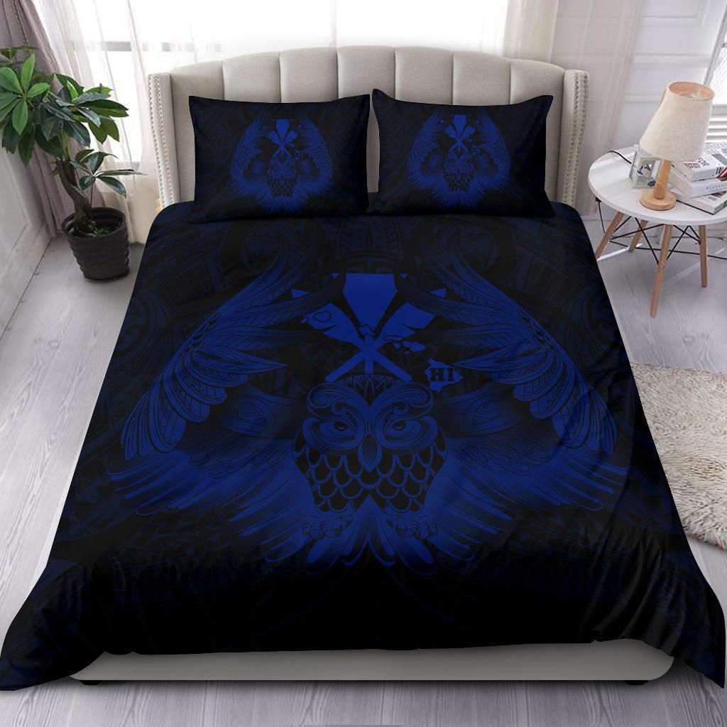 hawaiian map owl kanaka pueo aumakua blue duvet cover bedding set 3675