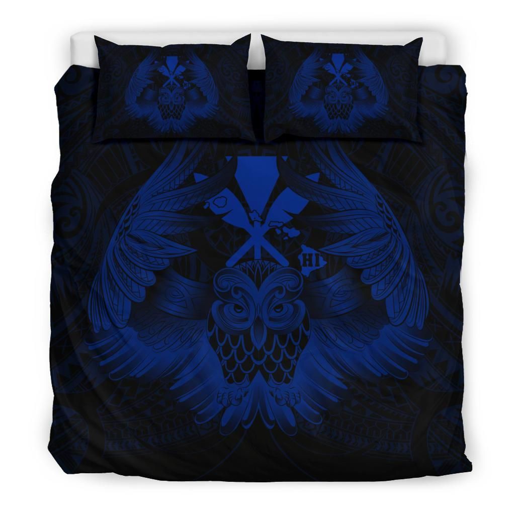 hawaiian map owl kanaka pueo aumakua blue duvet cover bedding set 5882