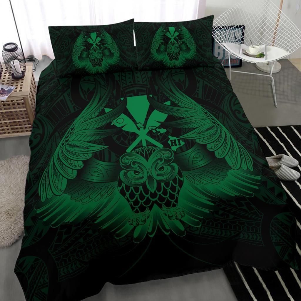 hawaiian map owl kanaka pueo aumakua green duvet cover bedding set 6147