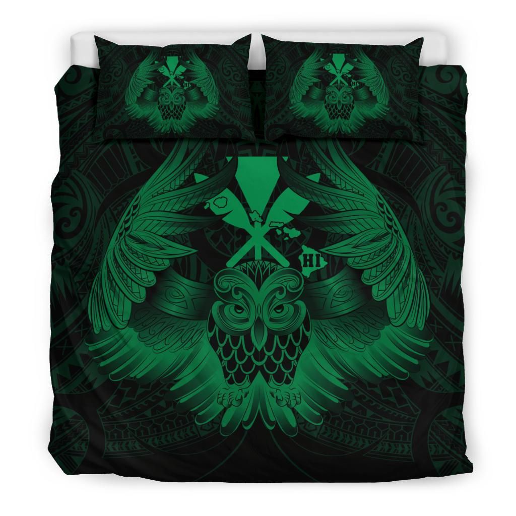 hawaiian map owl kanaka pueo aumakua green duvet cover bedding set 6237