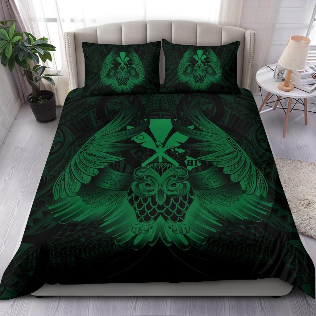 hawaiian map owl kanaka pueo aumakua green duvet cover bedding set 7382