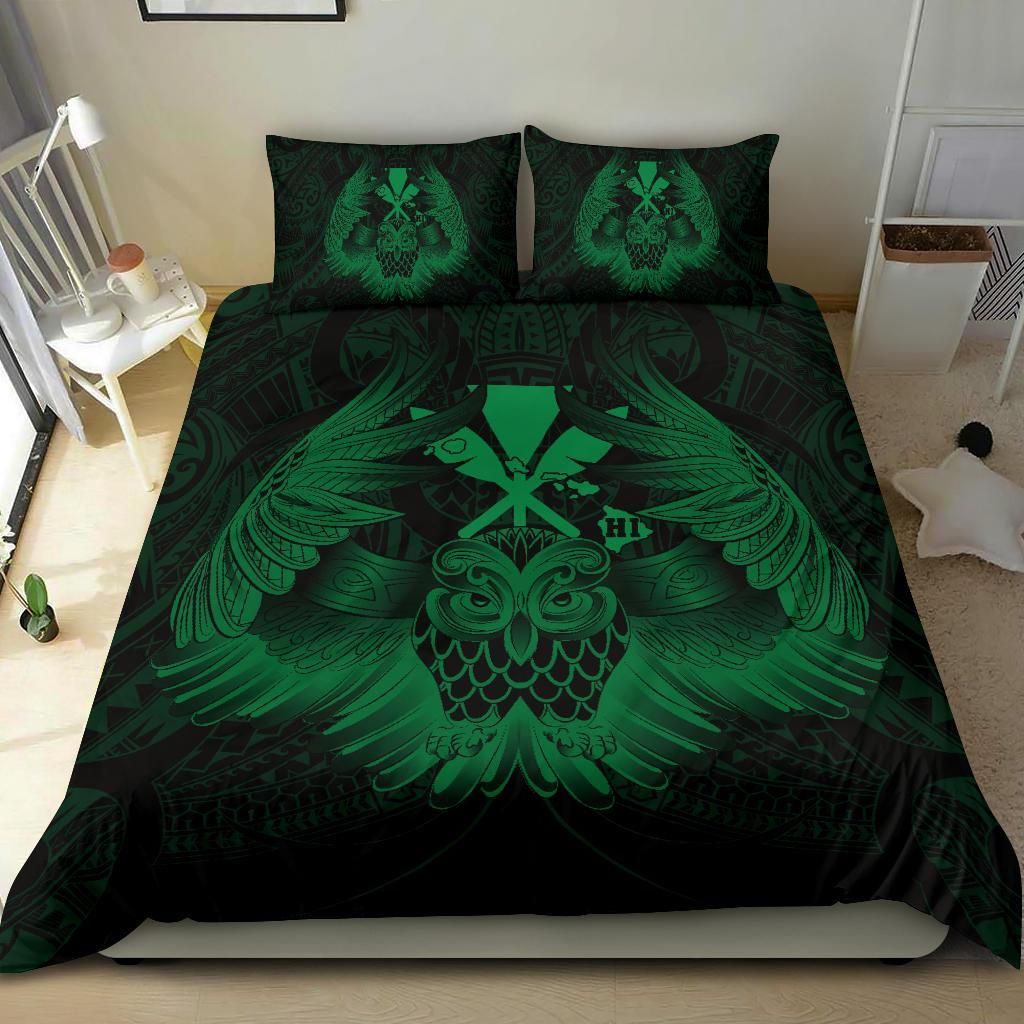 hawaiian map owl kanaka pueo aumakua green duvet cover bedding set 7769