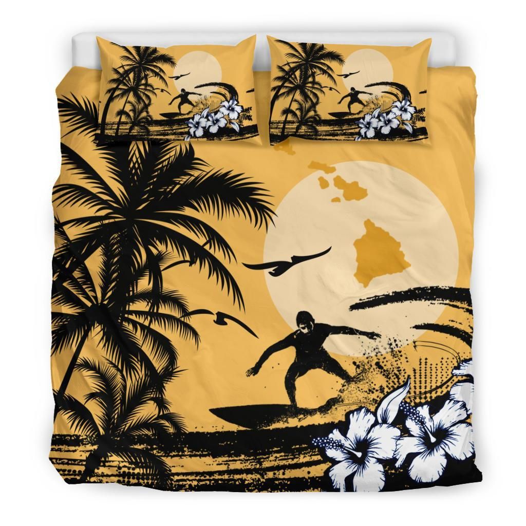 hawaiian map palm tree sunset polynesian surfing duvet cover bedding set 1074