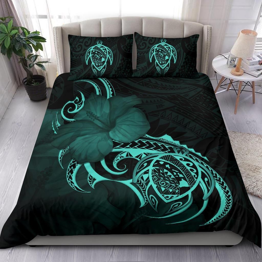 hawaiian map turtle hibiscus divise turquoise duvet cover bedding set 8802