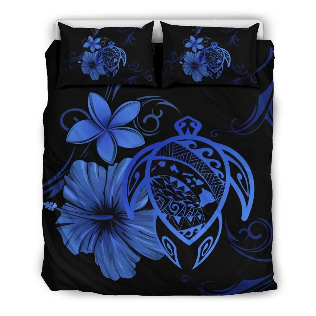 hawaiian map turtle hibiscus plumeria blue duvet cover bedding set 4680