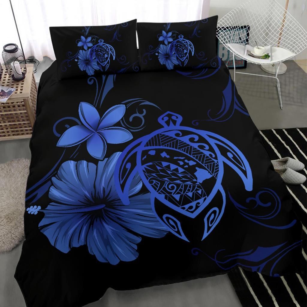 hawaiian map turtle hibiscus plumeria blue duvet cover bedding set 6042