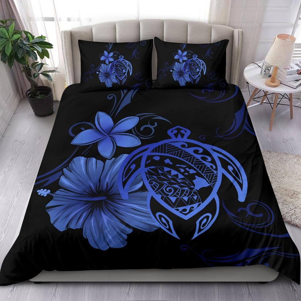 hawaiian map turtle hibiscus plumeria blue duvet cover bedding set 6732
