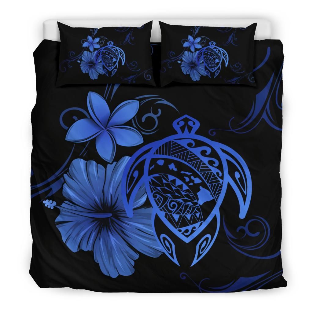 hawaiian map turtle hibiscus plumeria blue duvet cover bedding set 8044