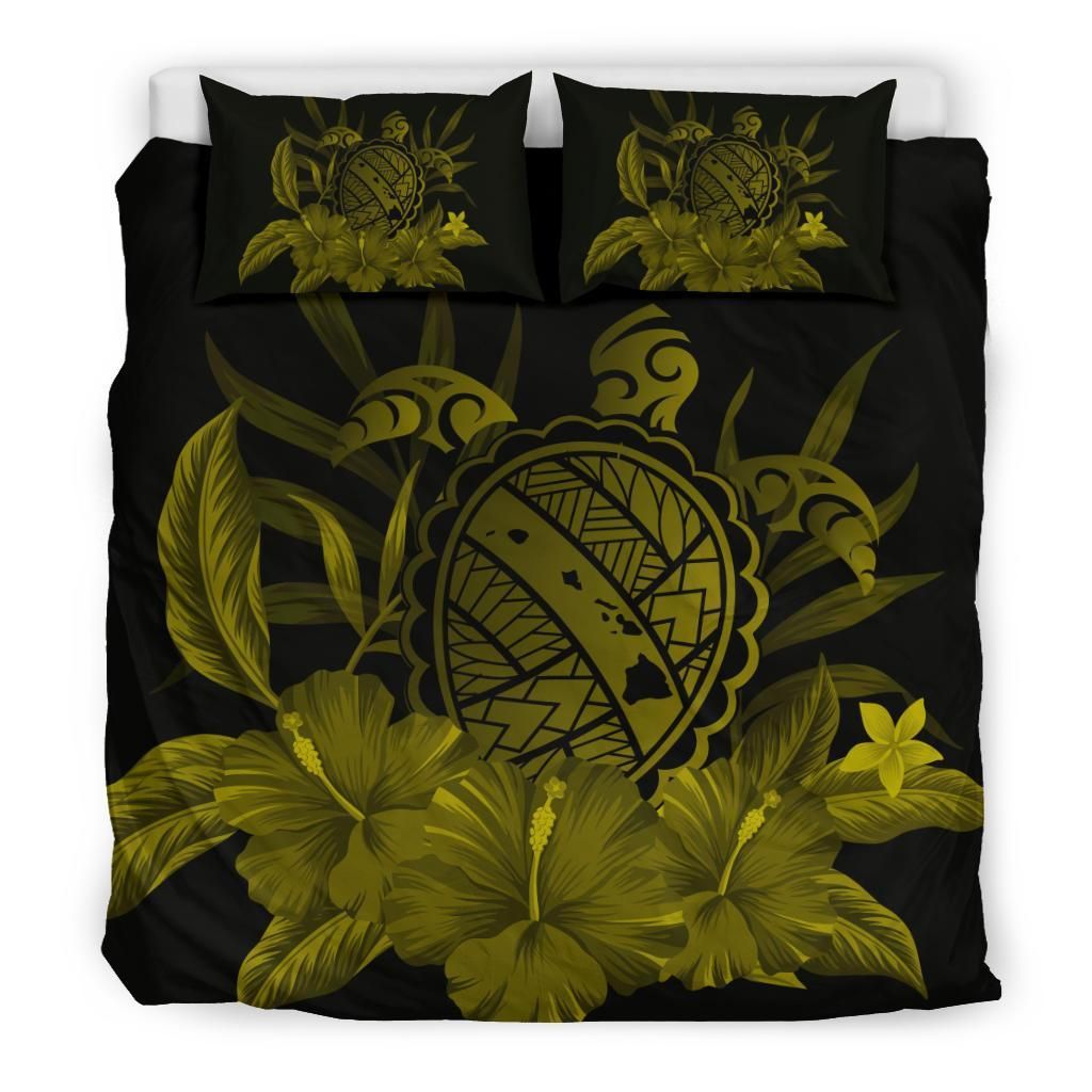hawaiian map turtle hibiscus polynesian dark yellow duvet cover bedding set 2180