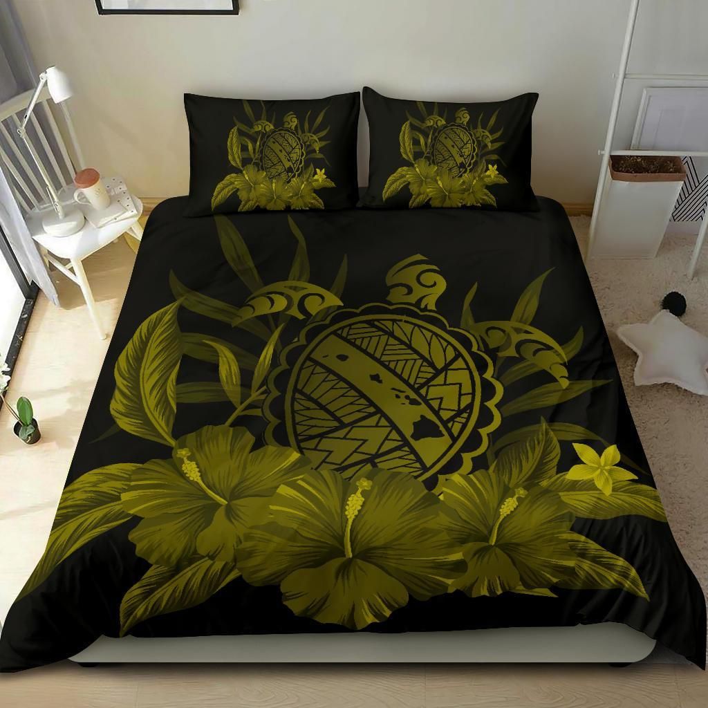 hawaiian map turtle hibiscus polynesian dark yellow duvet cover bedding set 3267