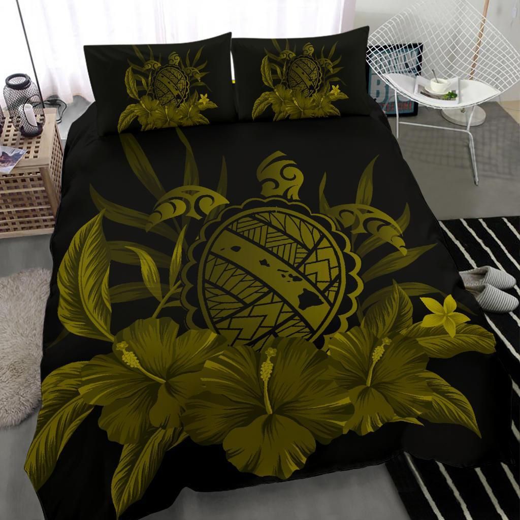 hawaiian map turtle hibiscus polynesian dark yellow duvet cover bedding set 5487