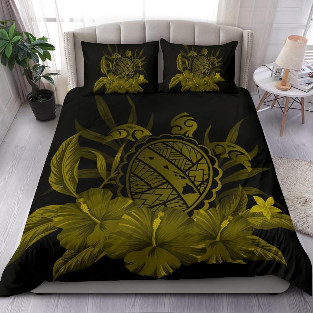 hawaiian map turtle hibiscus polynesian dark yellow duvet cover bedding set 6972