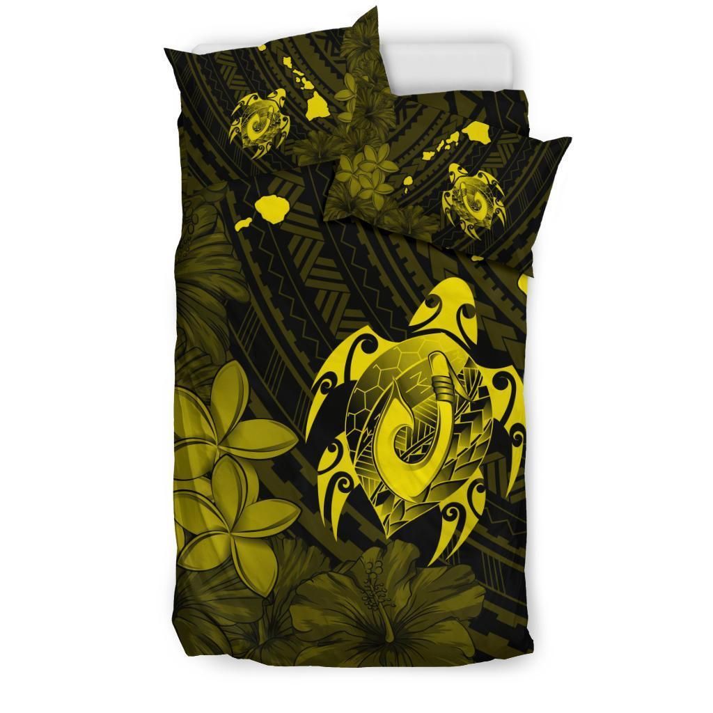 hawaiian map turtle plumeria hibiscus fish hook polynesian yellow duvet cover bedding set 2279