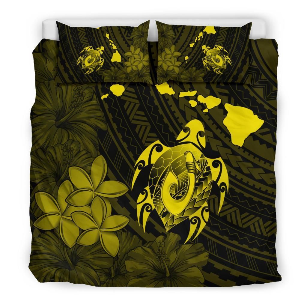 hawaiian map turtle plumeria hibiscus fish hook polynesian yellow duvet cover bedding set 5066