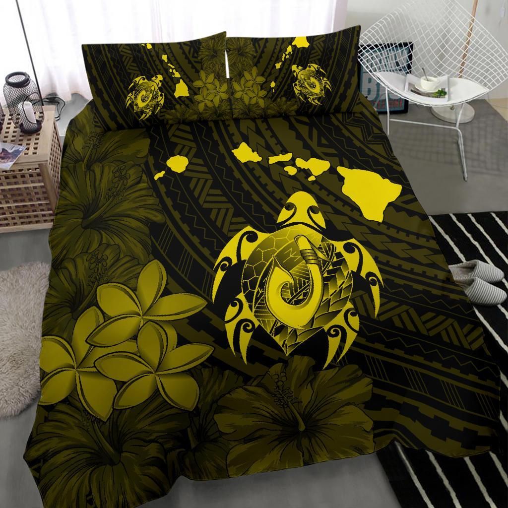 hawaiian map turtle plumeria hibiscus fish hook polynesian yellow duvet cover bedding set 5739