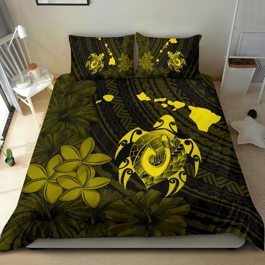 hawaiian map turtle plumeria hibiscus fish hook polynesian yellow duvet cover bedding set 6328