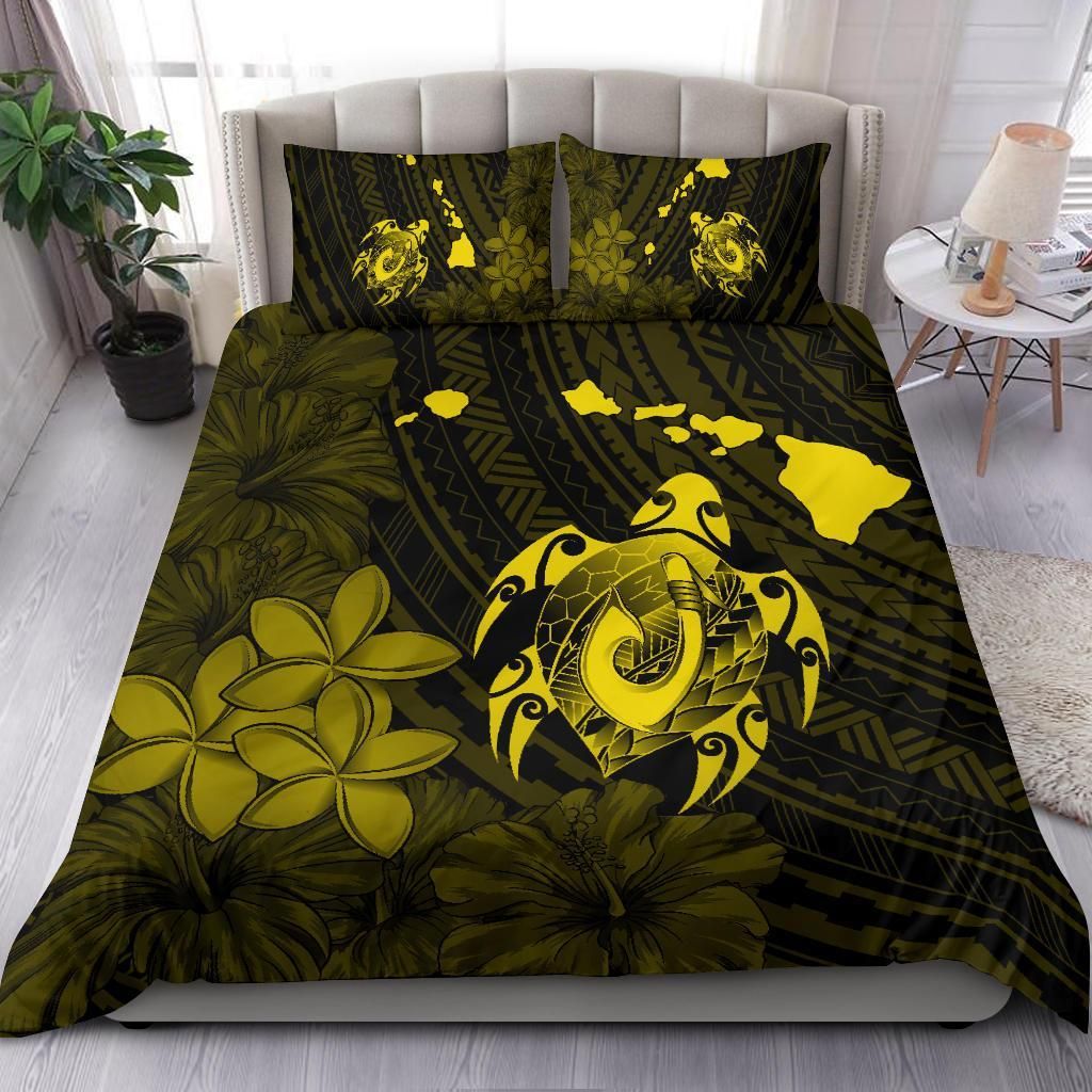 hawaiian map turtle plumeria hibiscus fish hook polynesian yellow duvet cover bedding set 8740