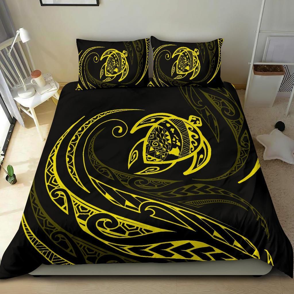 hawaiian map turtle polynesian yellow and black duvet cover bedding set 2045