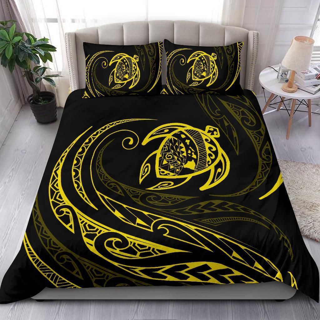 hawaiian map turtle polynesian yellow and black duvet cover bedding set 8546