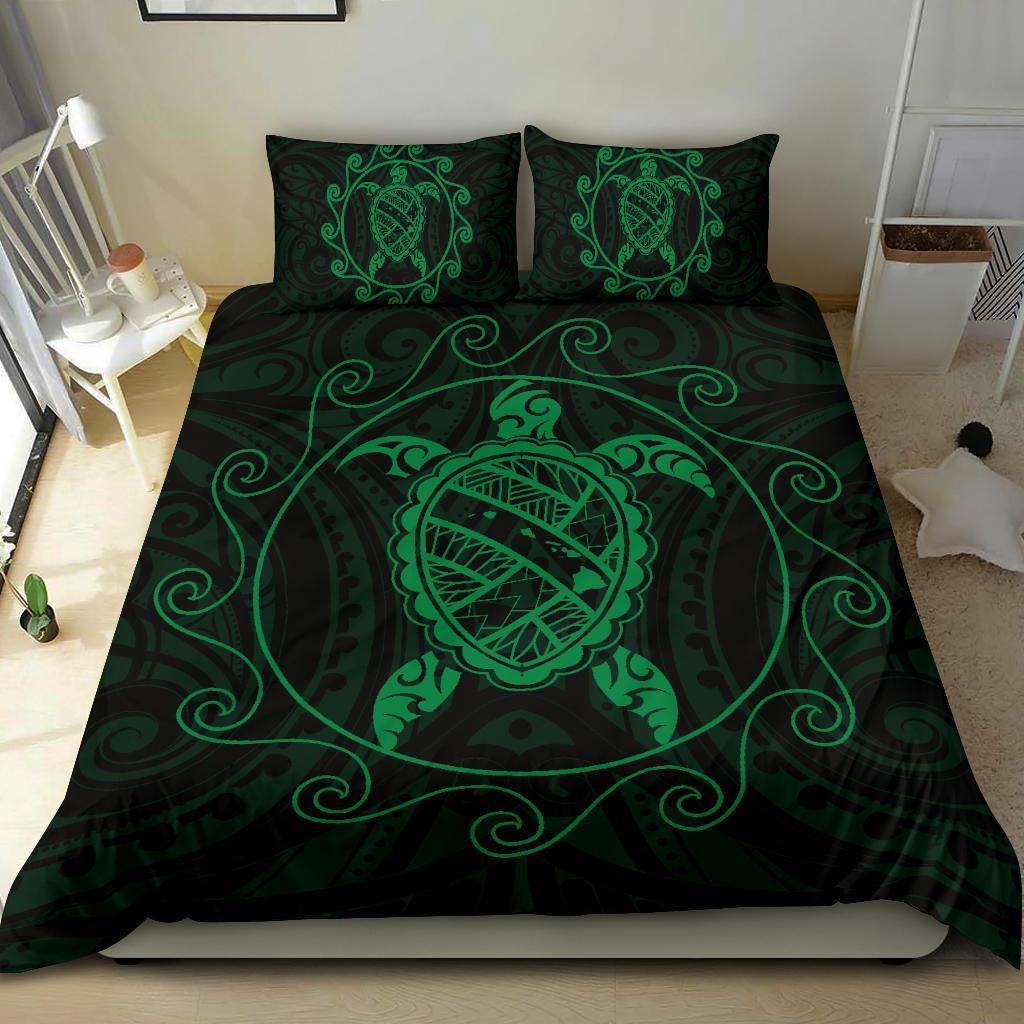 hawaiian map turtle wave polynesian green duvet cover bedding set 4079