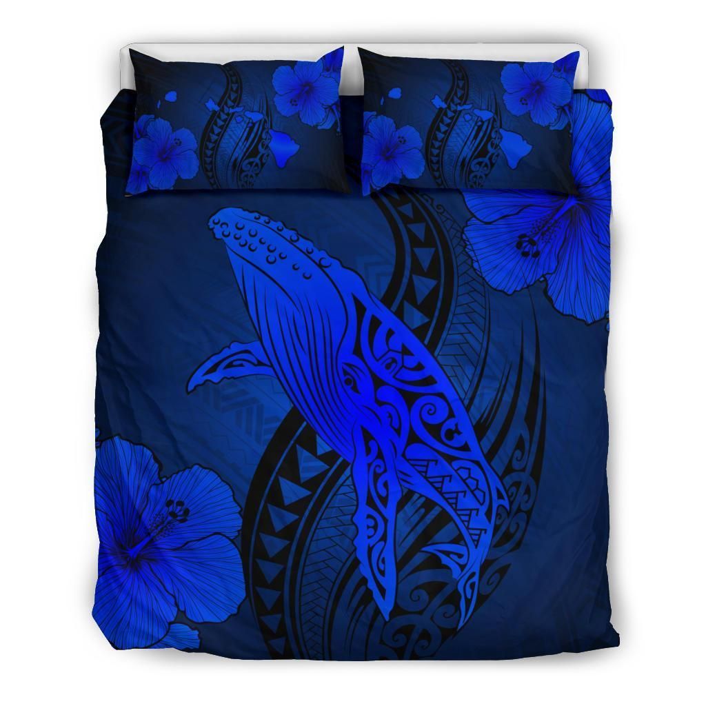 hawaiian map whale swim hibiscus polynesian blue duvet cover bedding set 1731