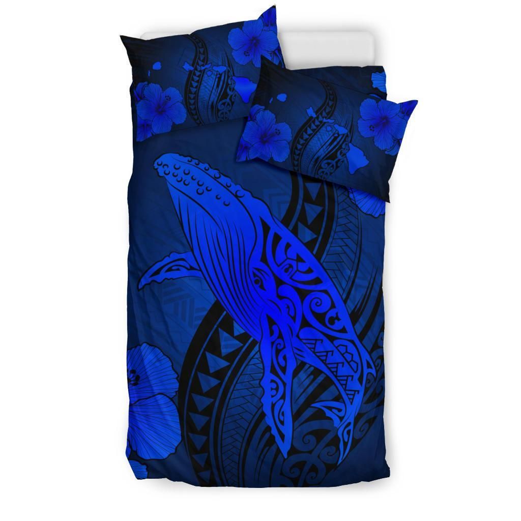hawaiian map whale swim hibiscus polynesian blue duvet cover bedding set 2493