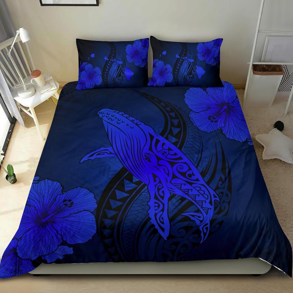 hawaiian map whale swim hibiscus polynesian blue duvet cover bedding set 3781