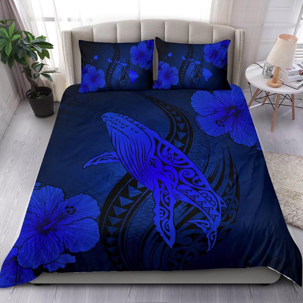hawaiian map whale swim hibiscus polynesian blue duvet cover bedding set 5412