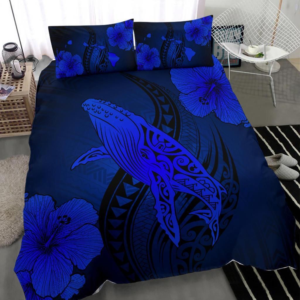 hawaiian map whale swim hibiscus polynesian blue duvet cover bedding set 5836