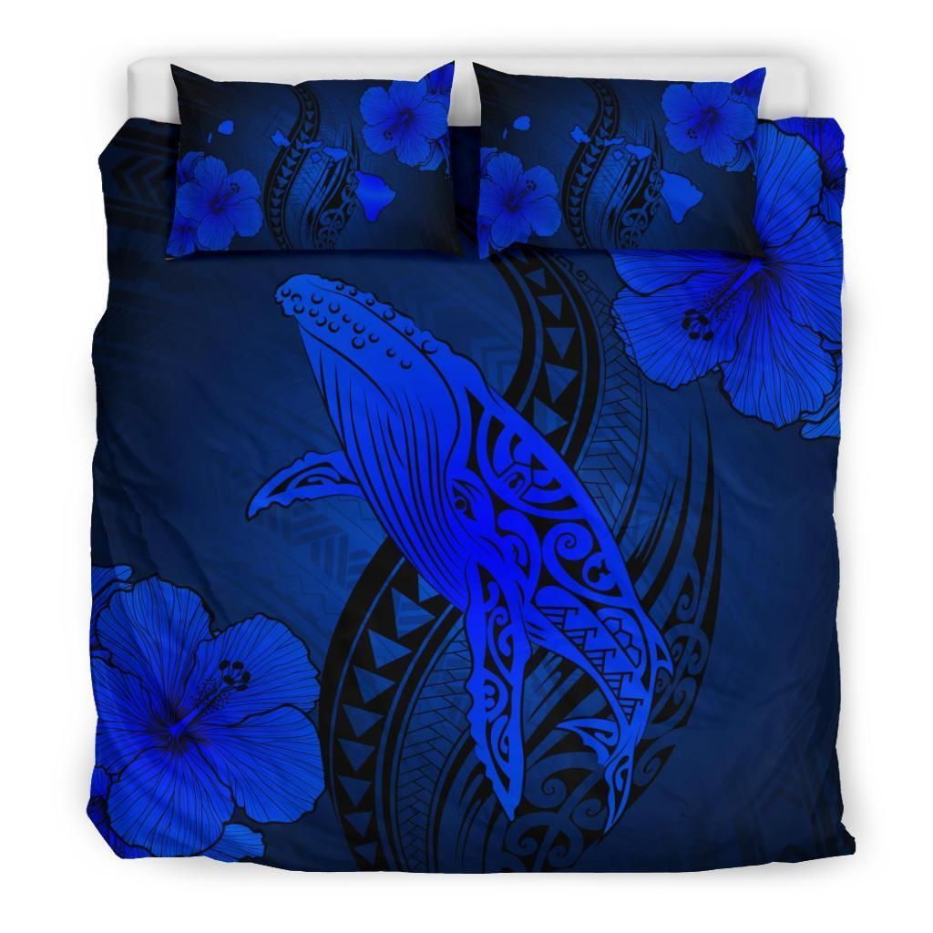 hawaiian map whale swim hibiscus polynesian blue duvet cover bedding set 7318