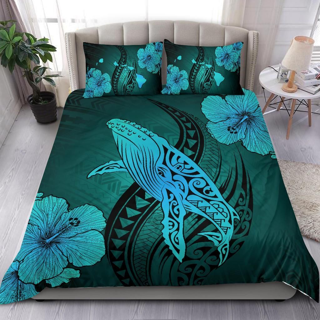 hawaiian map whale swim hibiscus polynesian turquoise duvet cover bedding set 5061