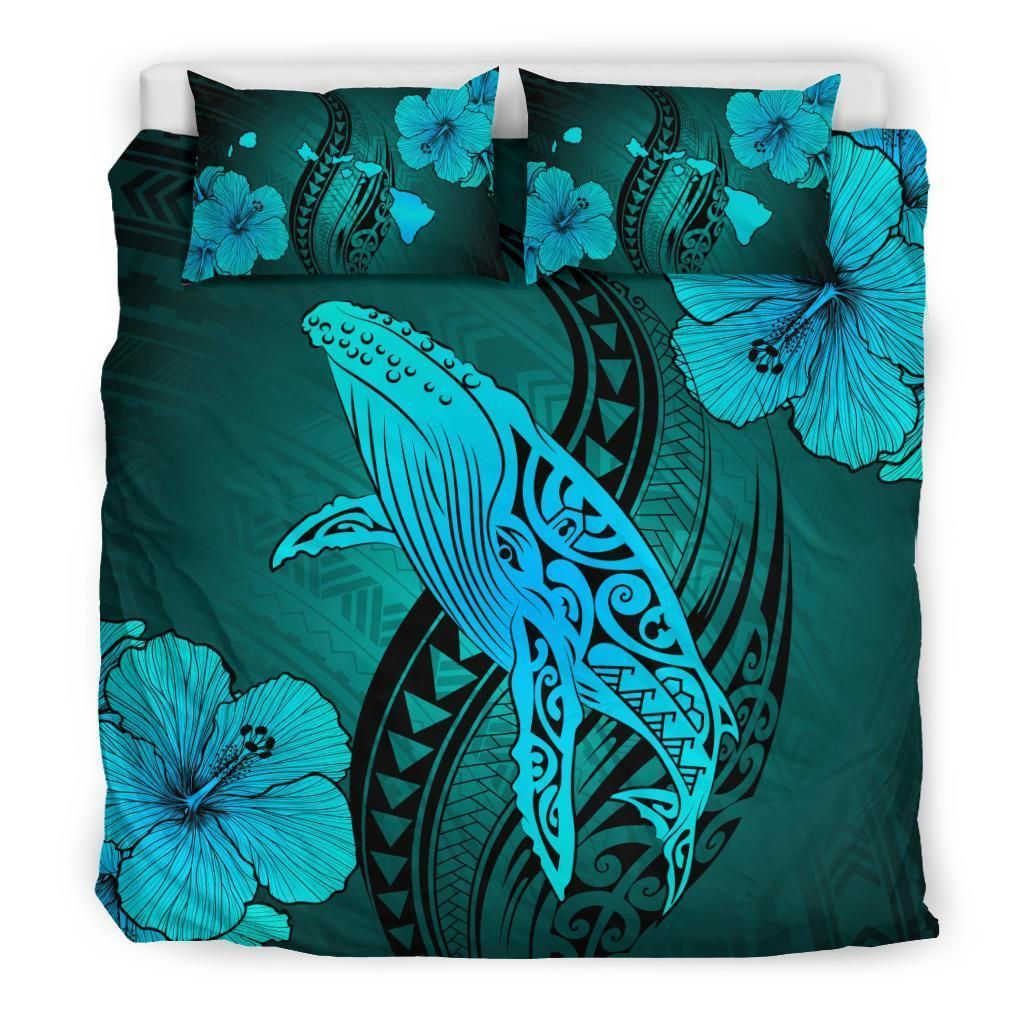 hawaiian map whale swim hibiscus polynesian turquoise duvet cover bedding set 5707
