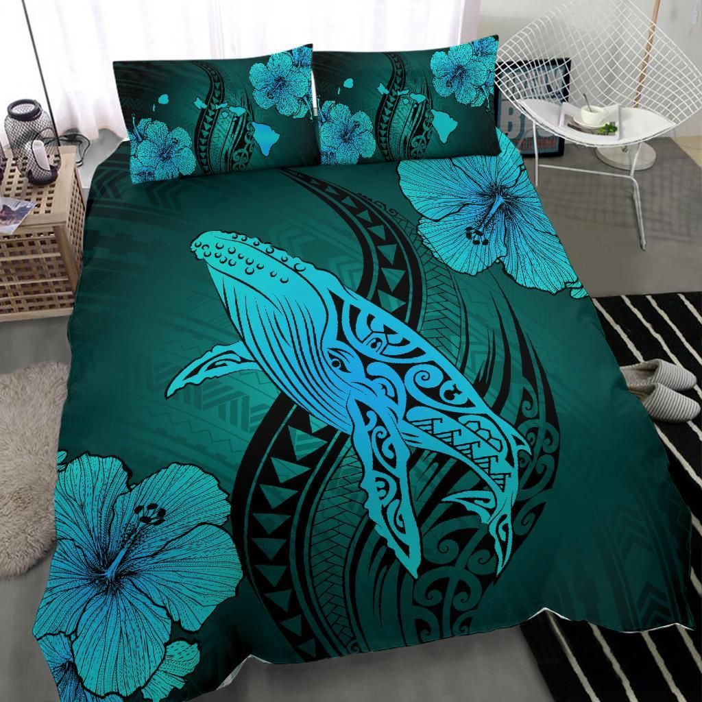 hawaiian map whale swim hibiscus polynesian turquoise duvet cover bedding set 6102