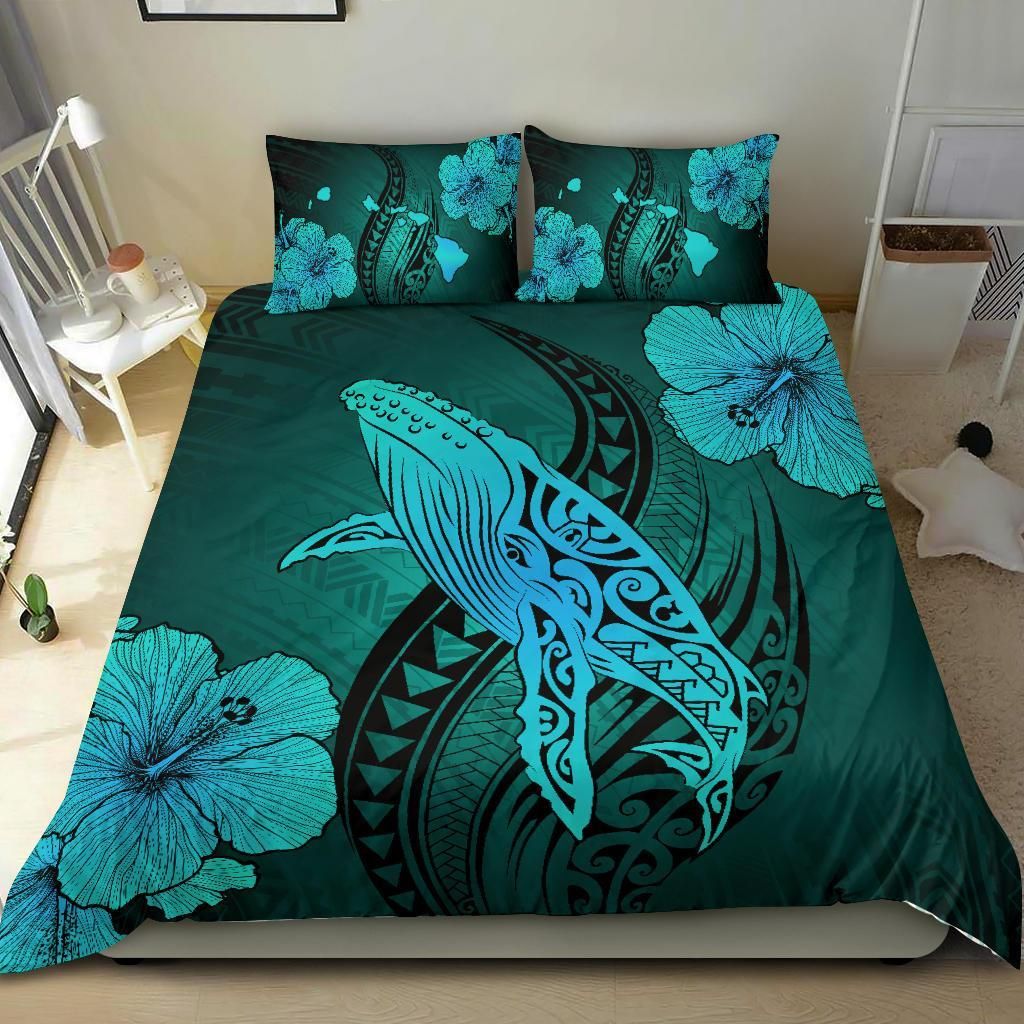hawaiian map whale swim hibiscus polynesian turquoise duvet cover bedding set 6184