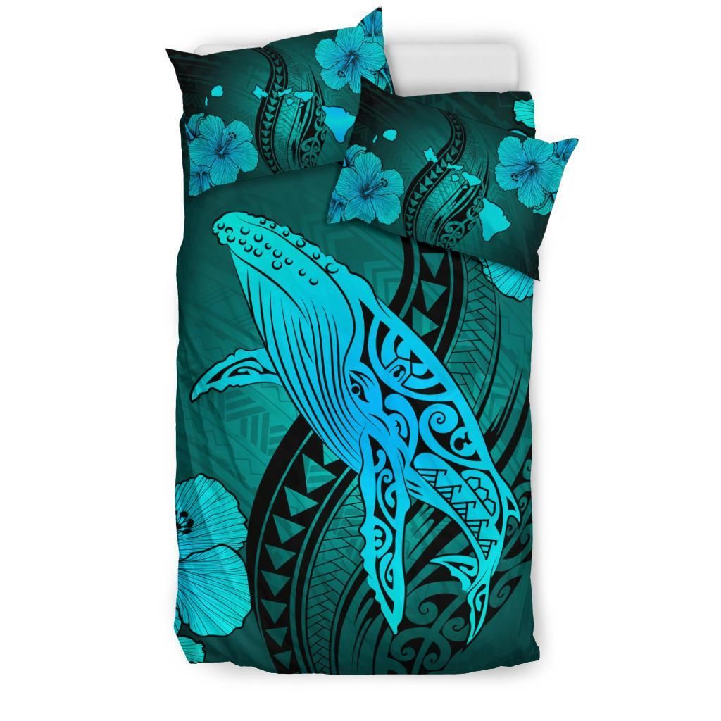 hawaiian map whale swim hibiscus polynesian turquoise duvet cover bedding set 7301