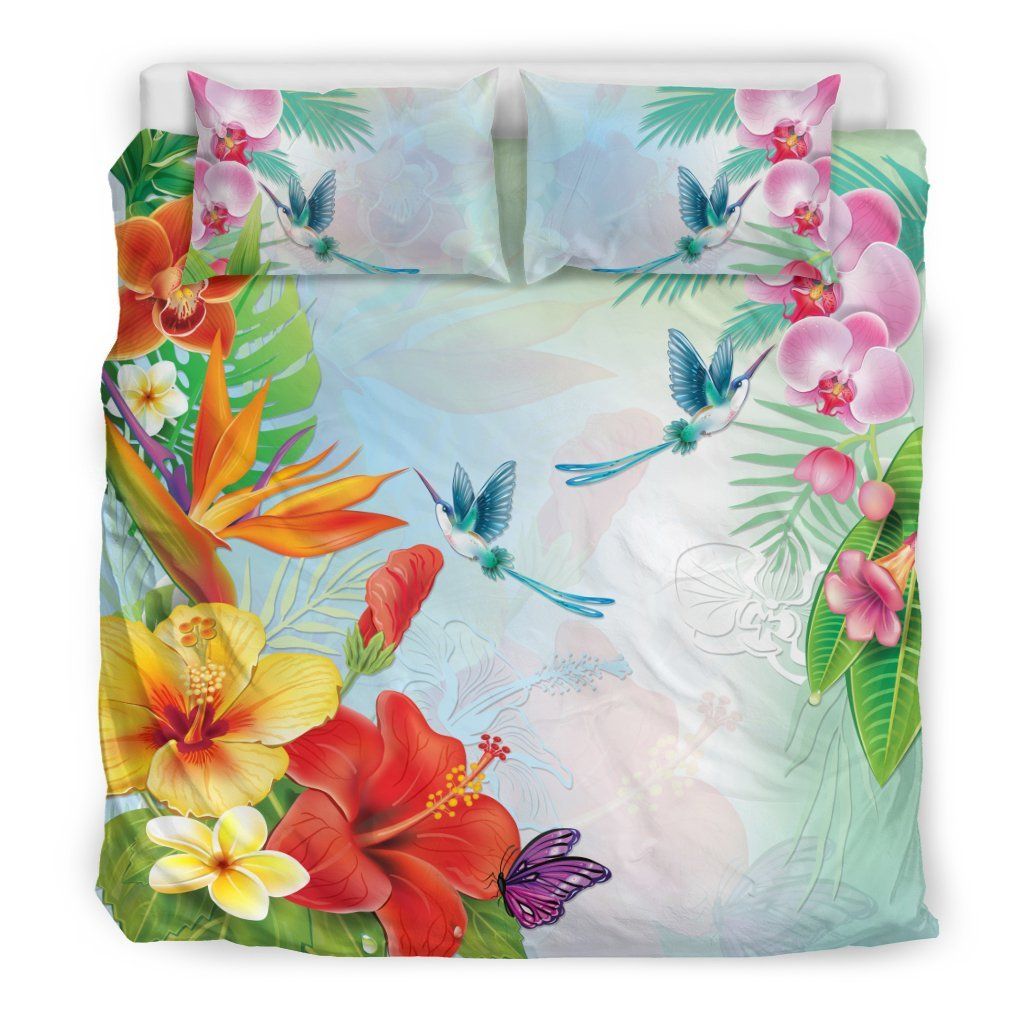 hawaiian orchids strelitzia hibiscus plumeria hummingbirds polynesian duvet cover bedding set 8778