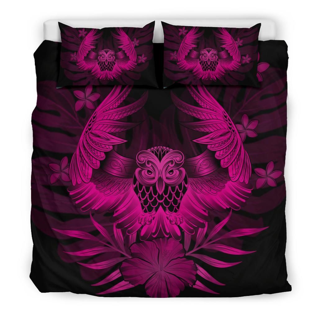 hawaiian owl hibiscus plumeria polynesian purple duvet cover bedding set 2265