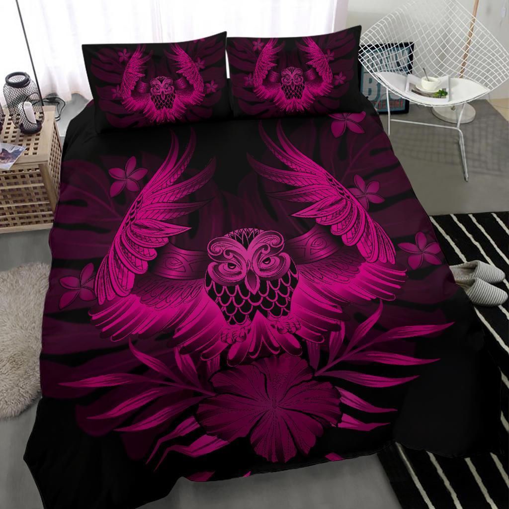 hawaiian owl hibiscus plumeria polynesian purple duvet cover bedding set 2865