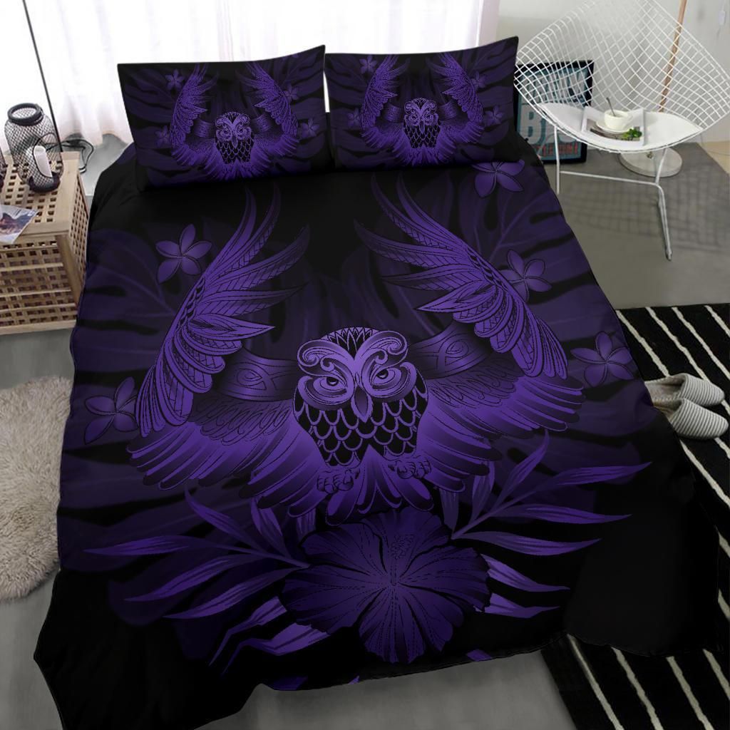 hawaiian owl hibiscus plumeria polynesian purple duvet cover bedding set 2943