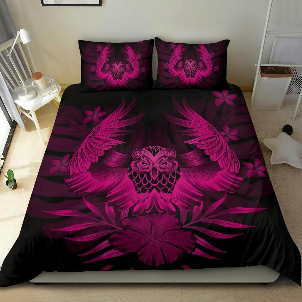hawaiian owl hibiscus plumeria polynesian purple duvet cover bedding set 3434