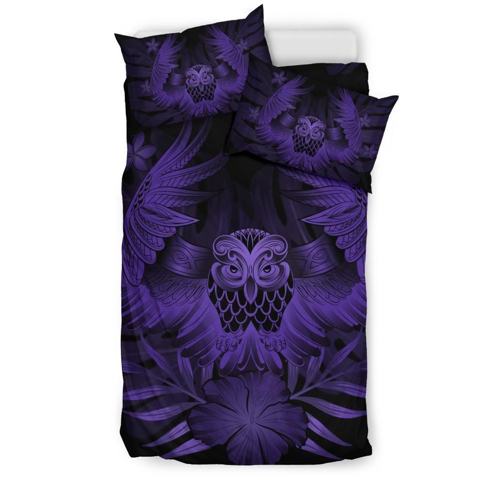 hawaiian owl hibiscus plumeria polynesian purple duvet cover bedding set 3730