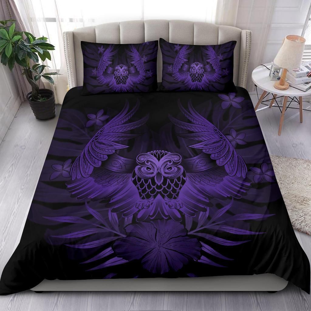 hawaiian owl hibiscus plumeria polynesian purple duvet cover bedding set 4512