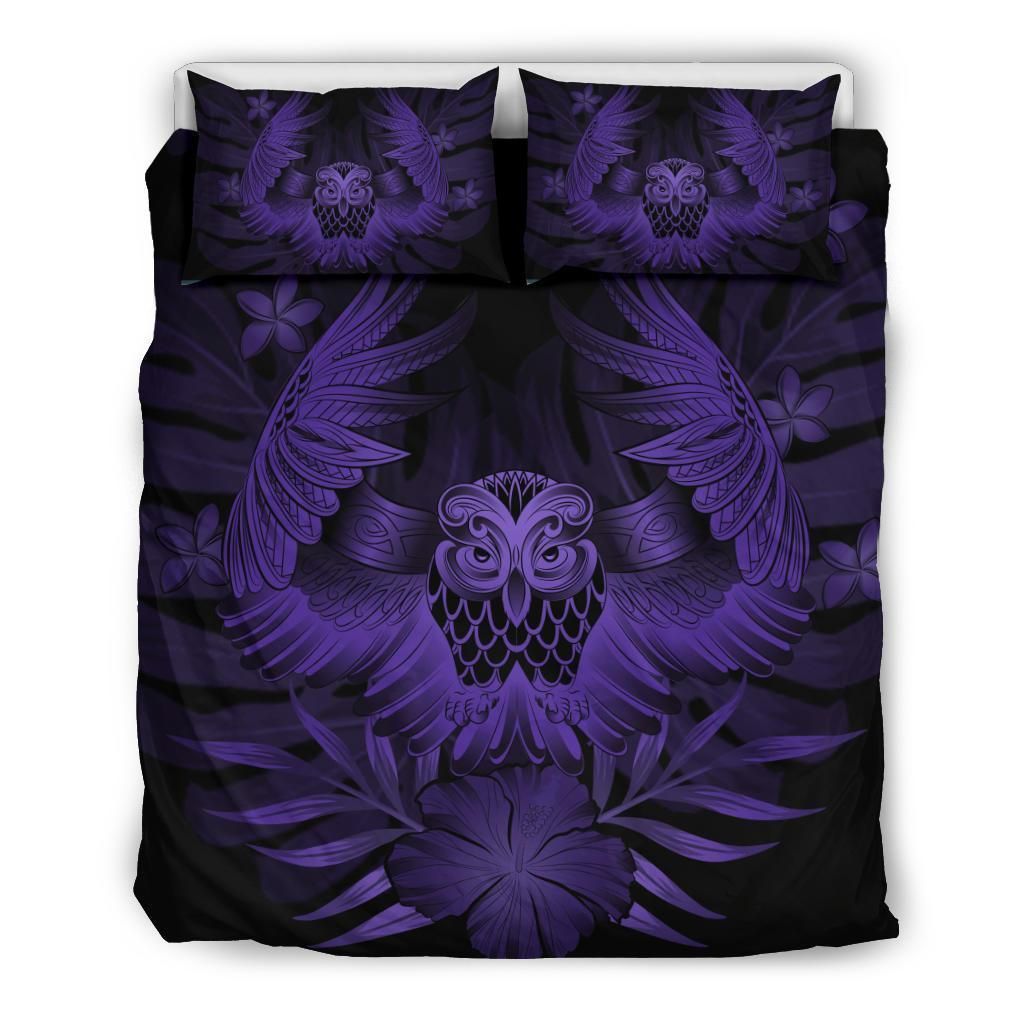 hawaiian owl hibiscus plumeria polynesian purple duvet cover bedding set 5317