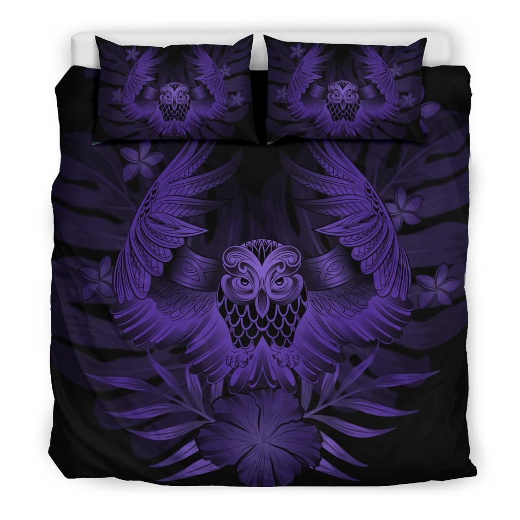 hawaiian owl hibiscus plumeria polynesian purple duvet cover bedding set 6092