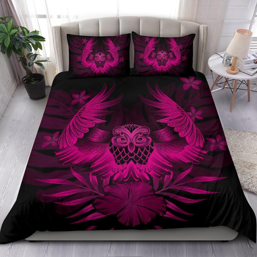 hawaiian owl hibiscus plumeria polynesian purple duvet cover bedding set 7591