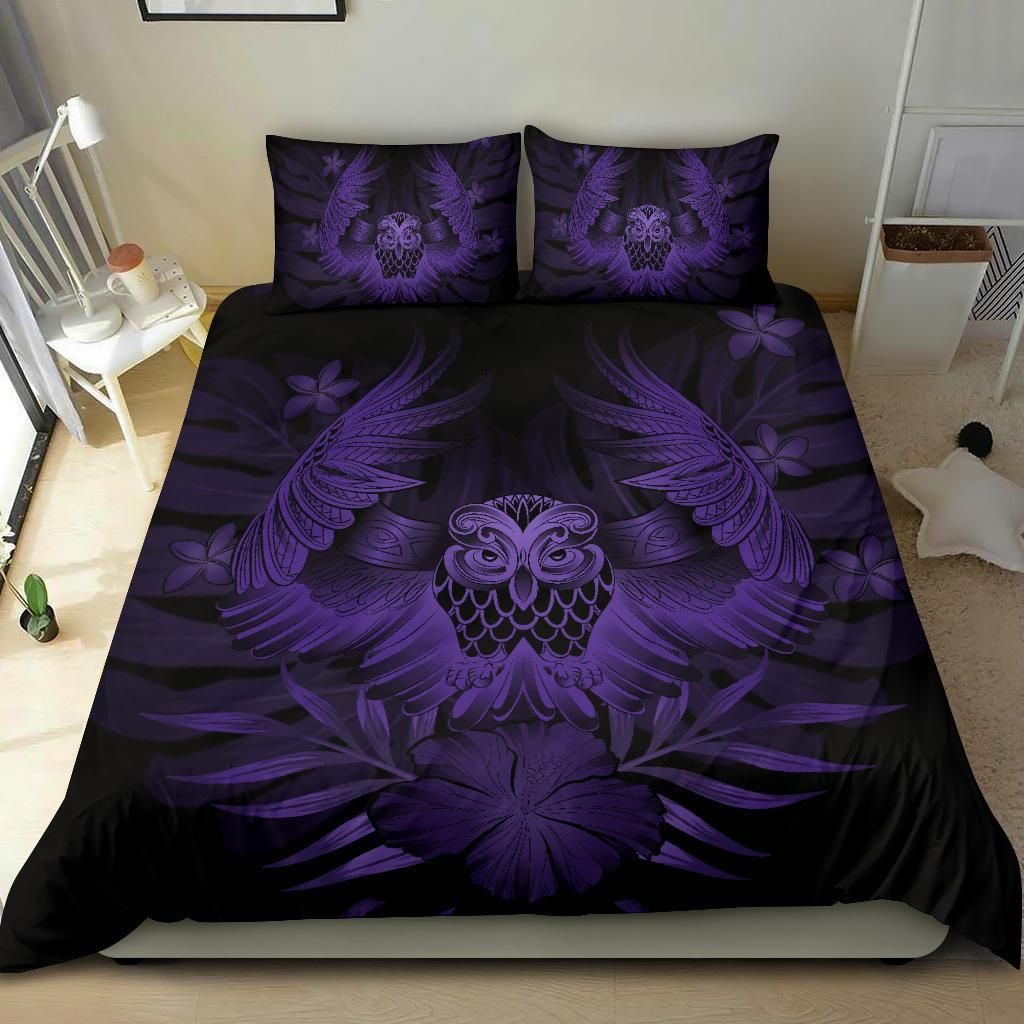hawaiian owl hibiscus plumeria polynesian purple duvet cover bedding set 7918