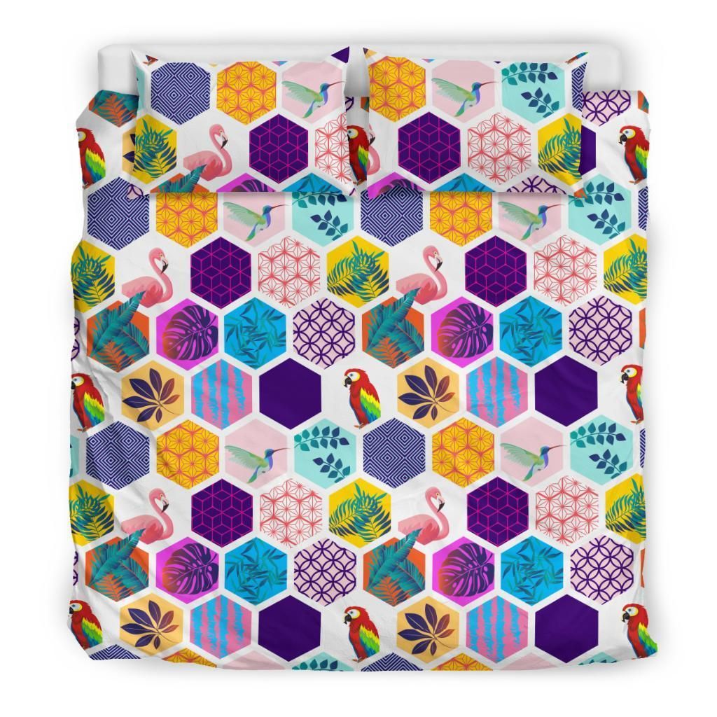 hawaiian parrot toucans hummingbird flamingo tropical leaves polynesian duvet cover bedding set 6383