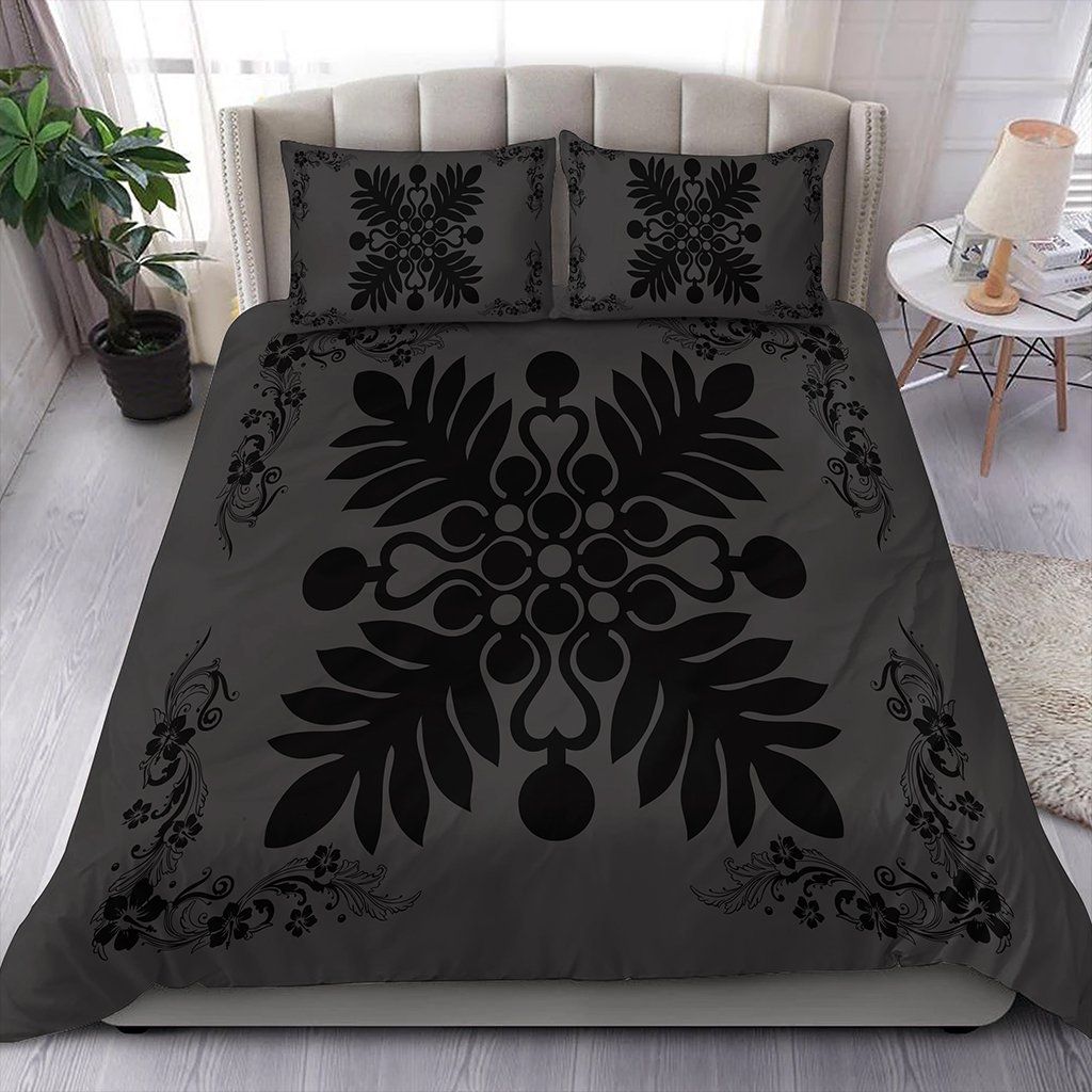 hawaiian quilt maui plant and hibiscus pattern black grey duvet cover bedding set 8767