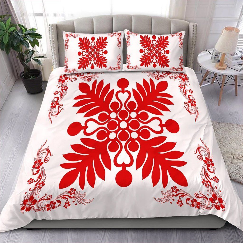 Hawaiian Quilt Maui Plant And Hibiscus Pattern Red White Duvet Cover Bedding Set hawaiian quilt maui plant and hibiscus pattern red white duvet cover bedding set 5171