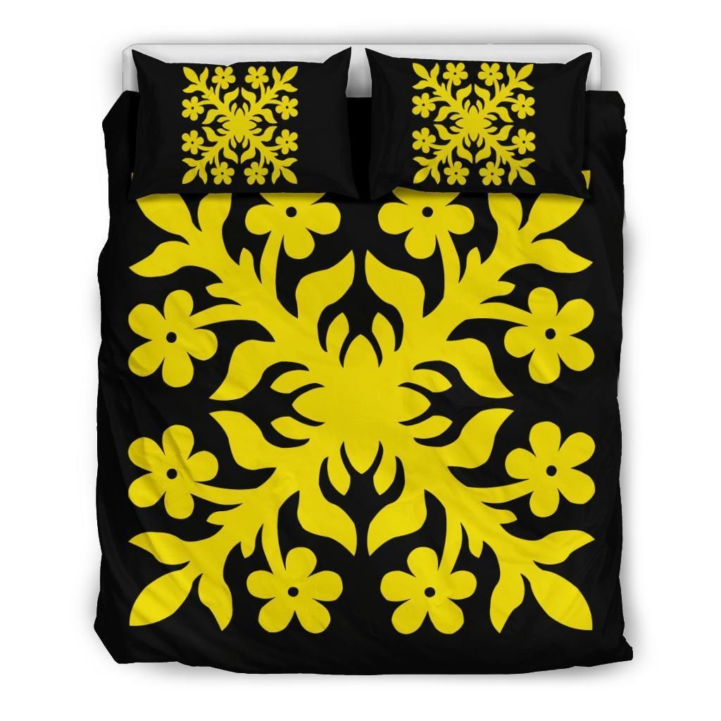hawaiian royal pattern black and yellow duvet cover bedding set 6371
